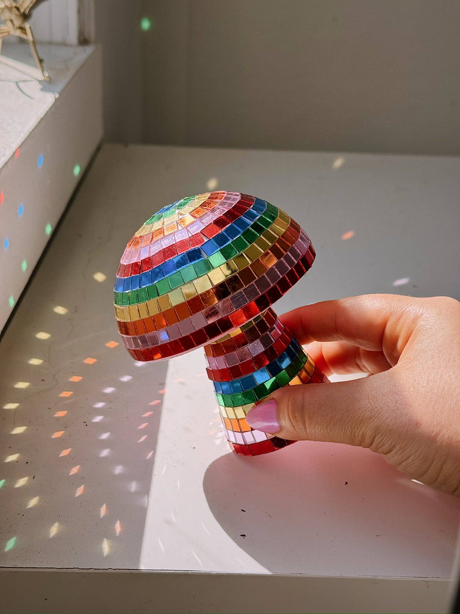 Rainbow Disco Mushroom Tabletop Sculpture