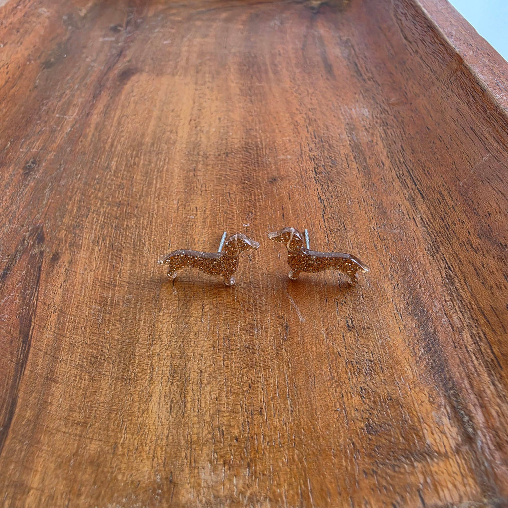 Dainty Dachshund Studs - Brown Glitter // Dog, Earrings