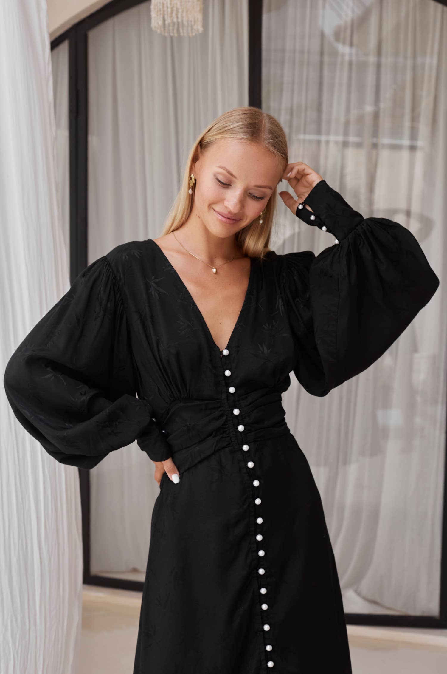 Juliette Button Down Long Sleeve Midi Dress -  Pearl Black