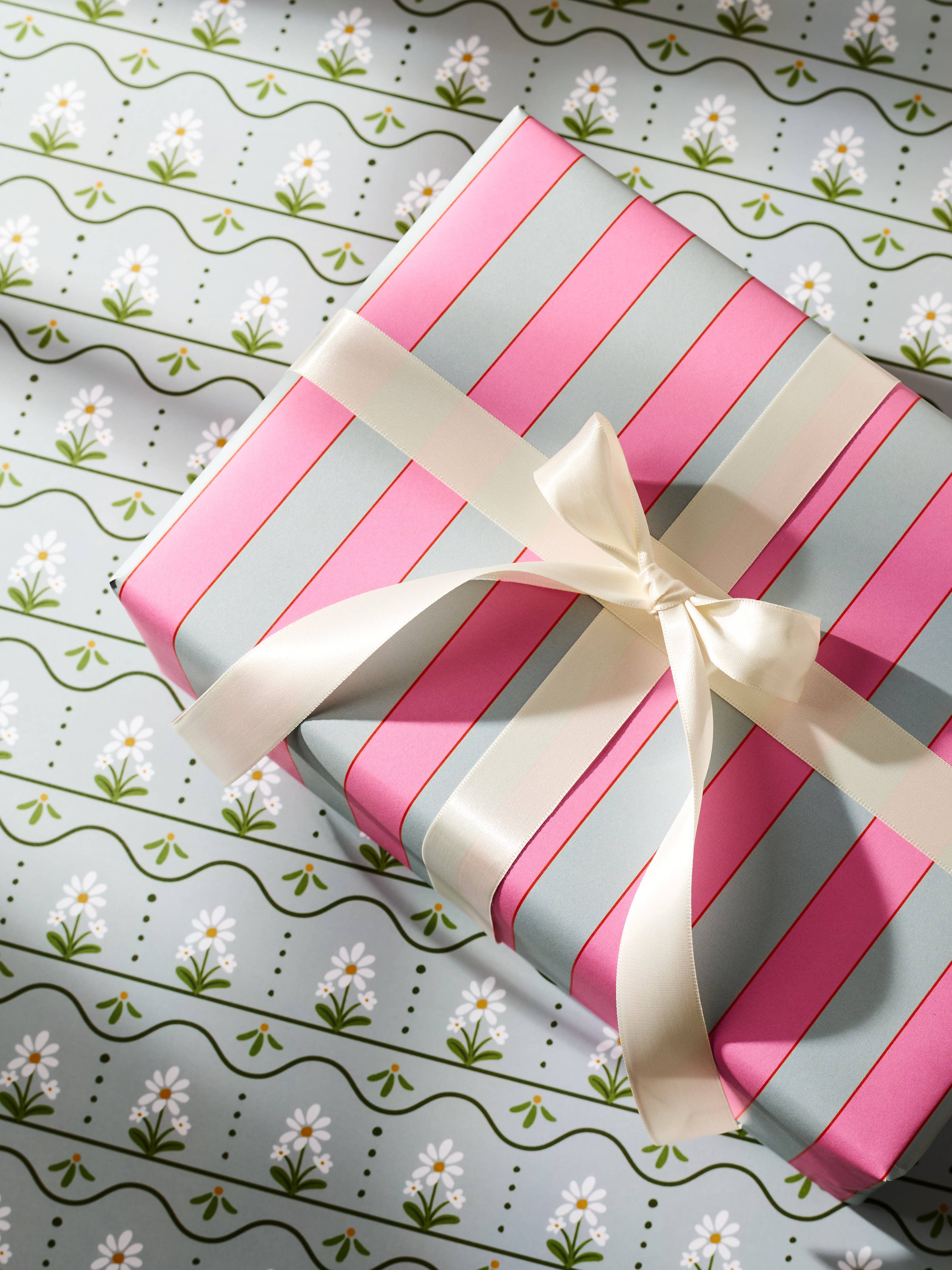 Daisy Stripe and Pink & Dusty Blue Stripe Double Sided Gift Wrap