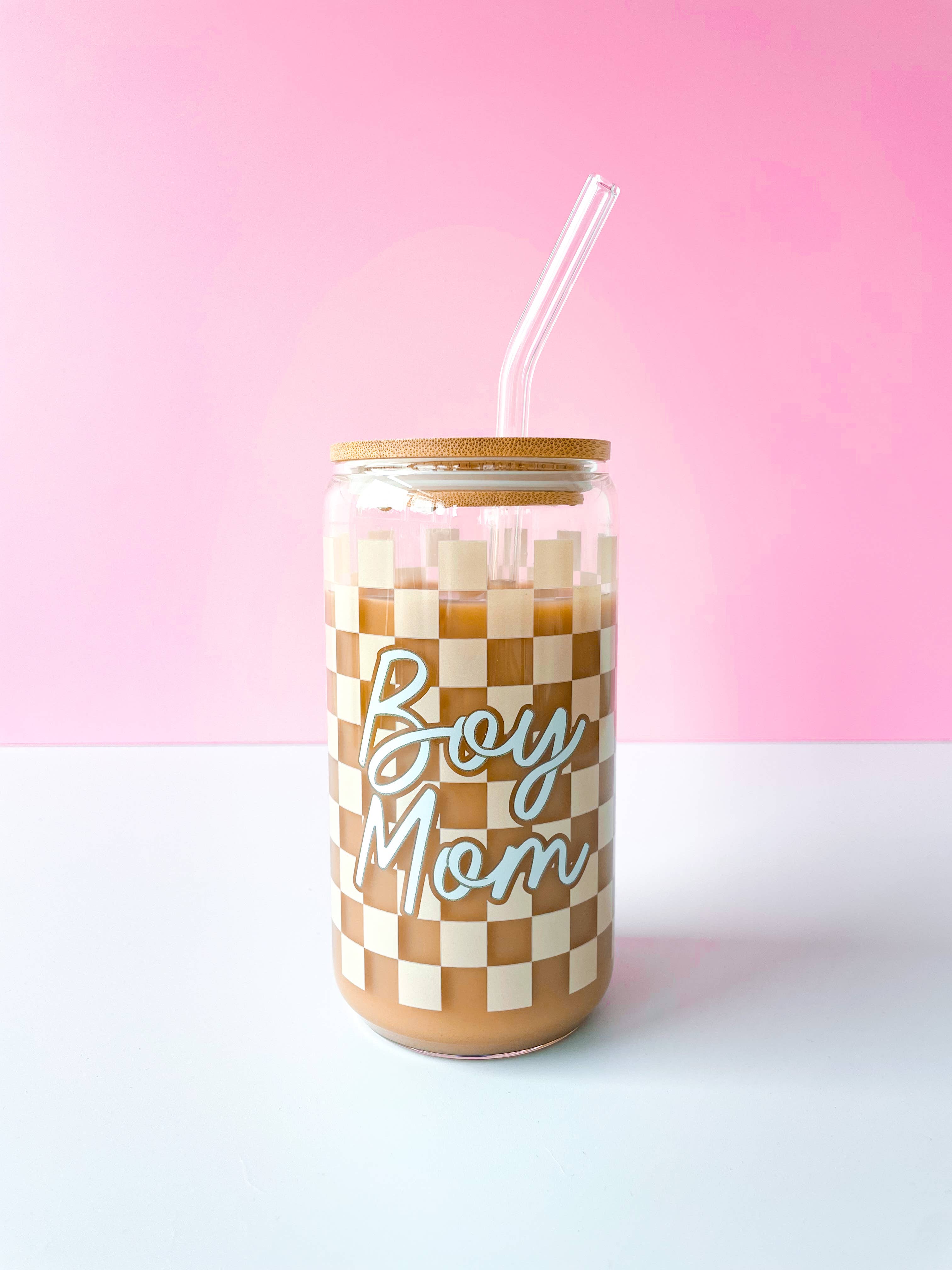 Checkered Boy Mom  Beer Latte Glass With Lid & Straw