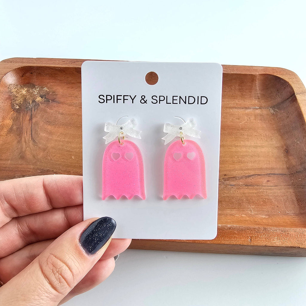 Pink Glitter Bow Ghost Earrings