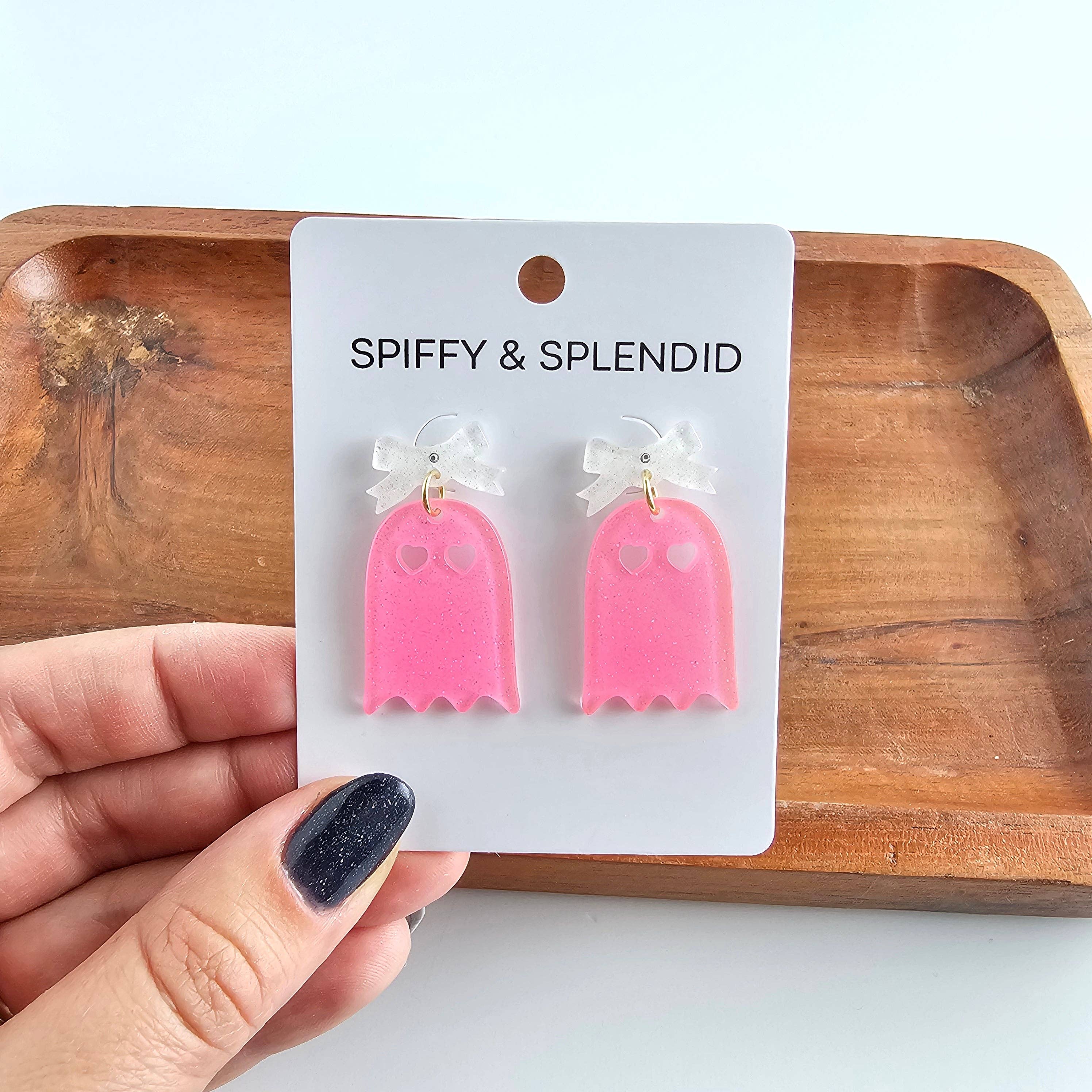 Pink Glitter Bow Ghost Earrings