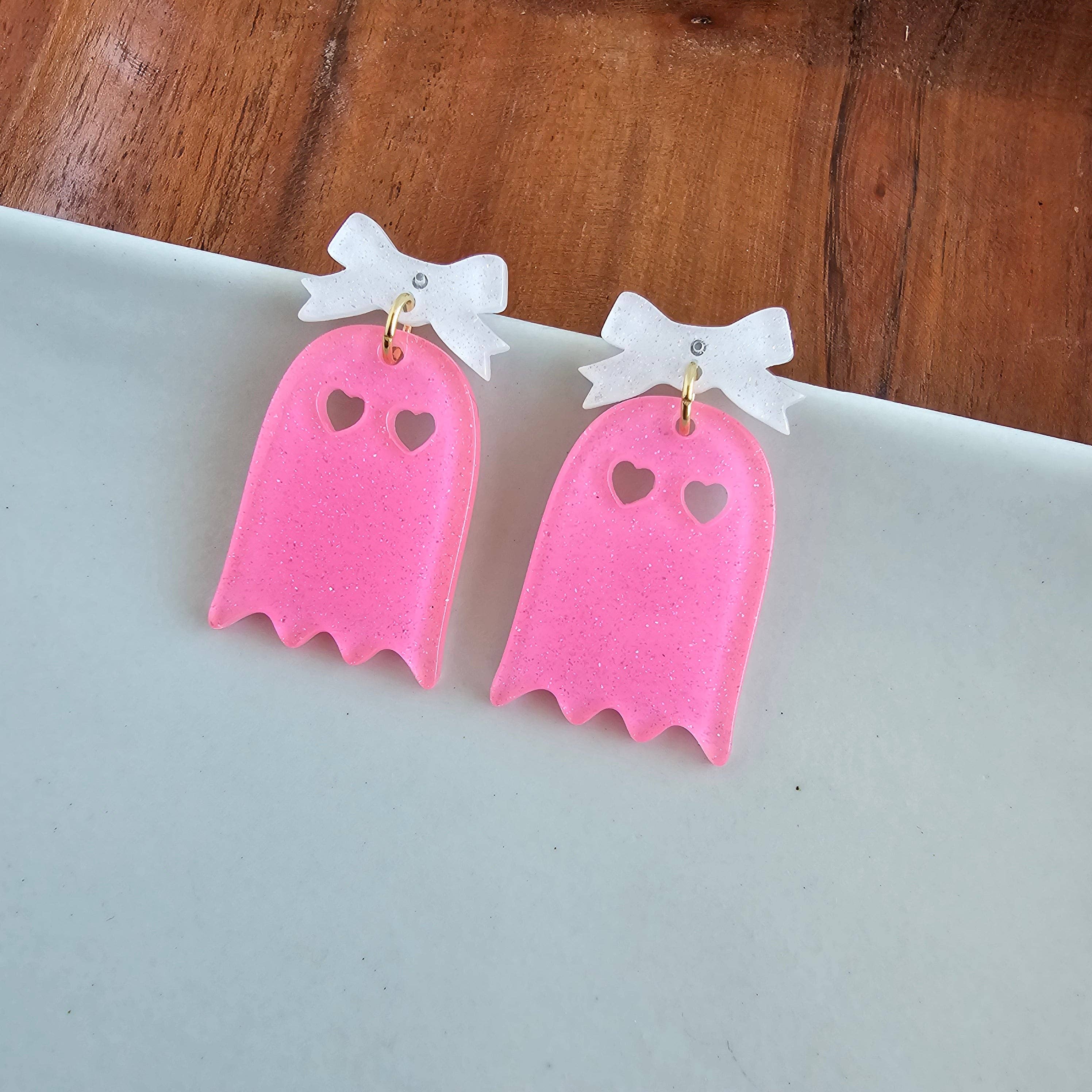 Pink Glitter Bow Ghost Earrings