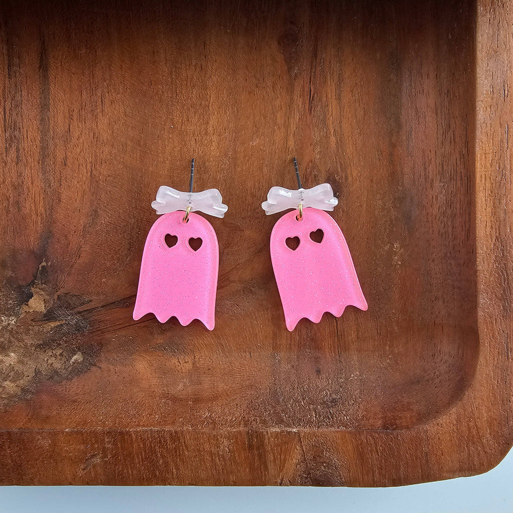 Pink Glitter Bow Ghost Earrings