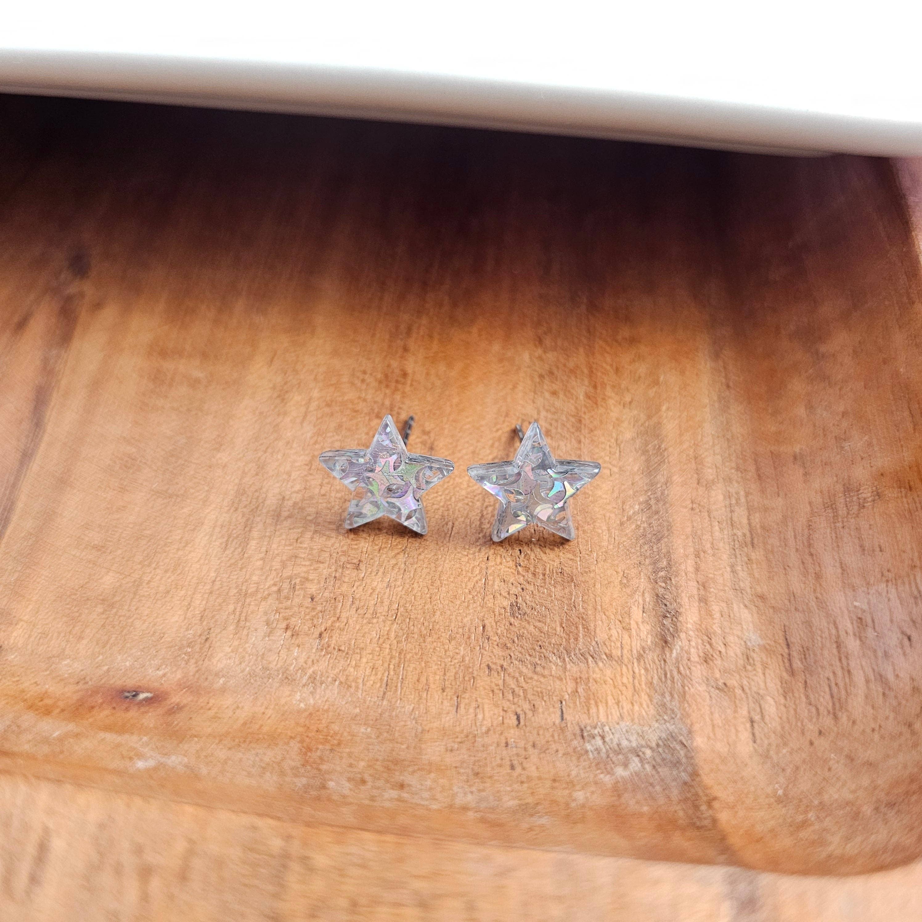 Silver Glitter Star Studs