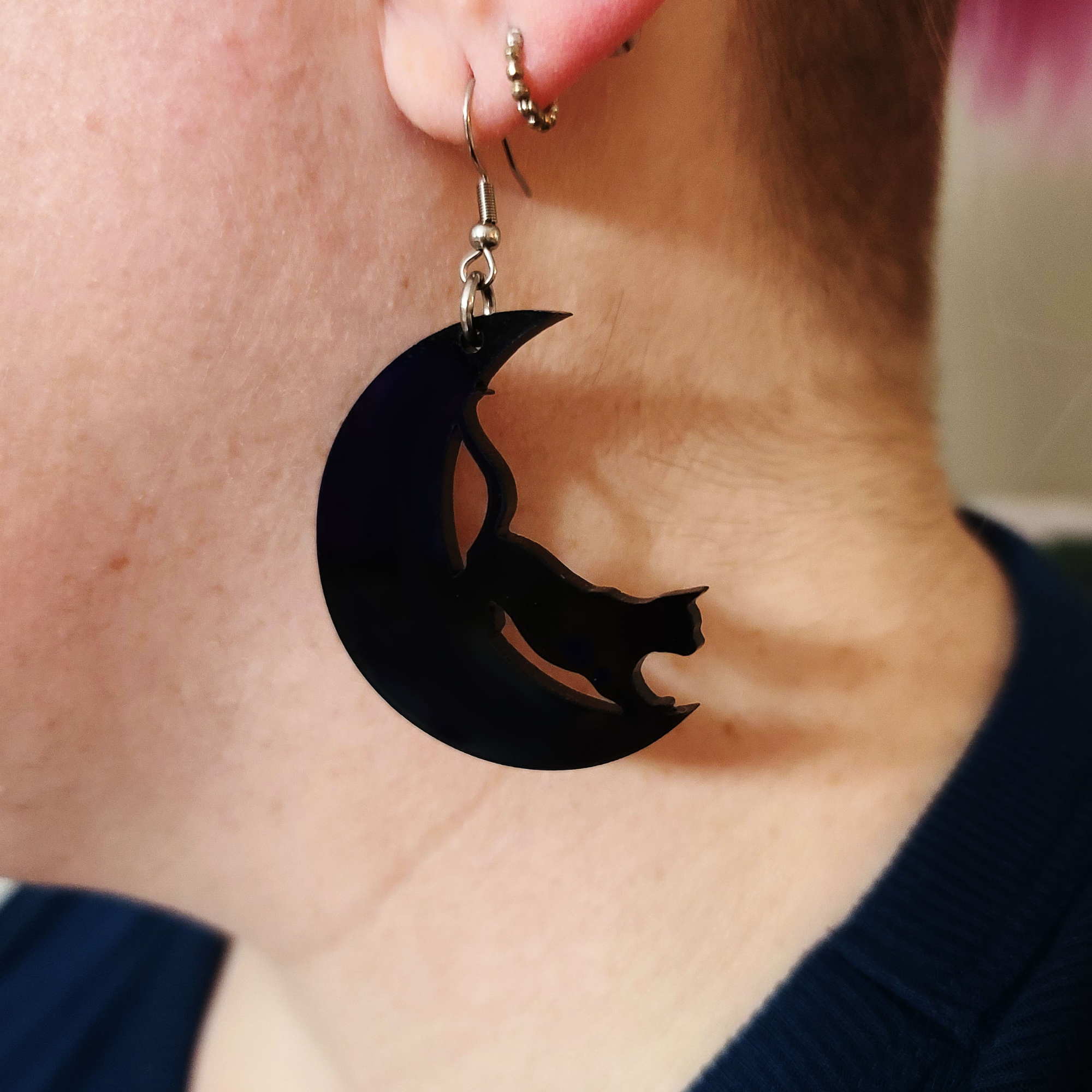 Cat on Crescent Moon Earrings