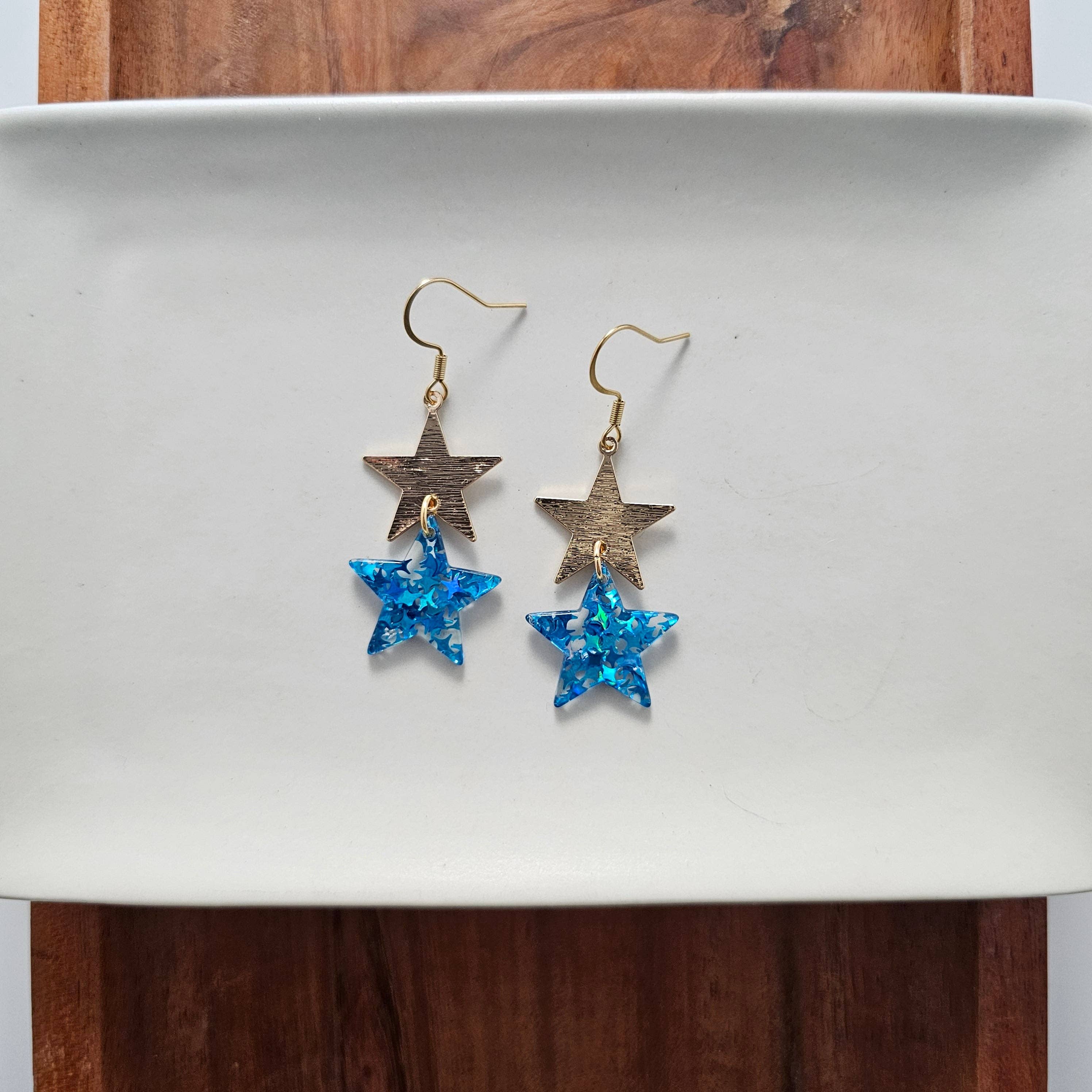 Blue Glitter Starry Earrings