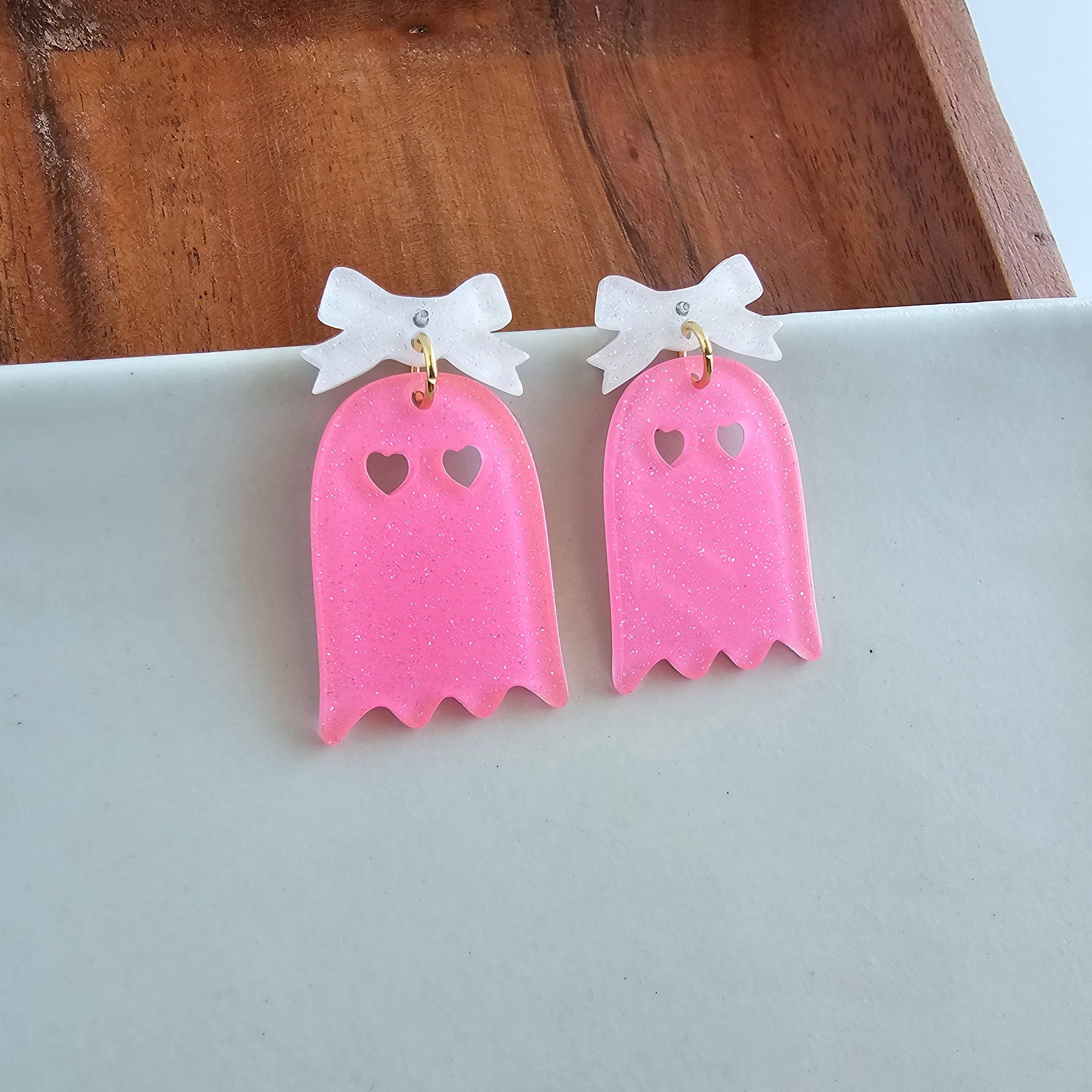 Pink Glitter Bow Ghost Earrings