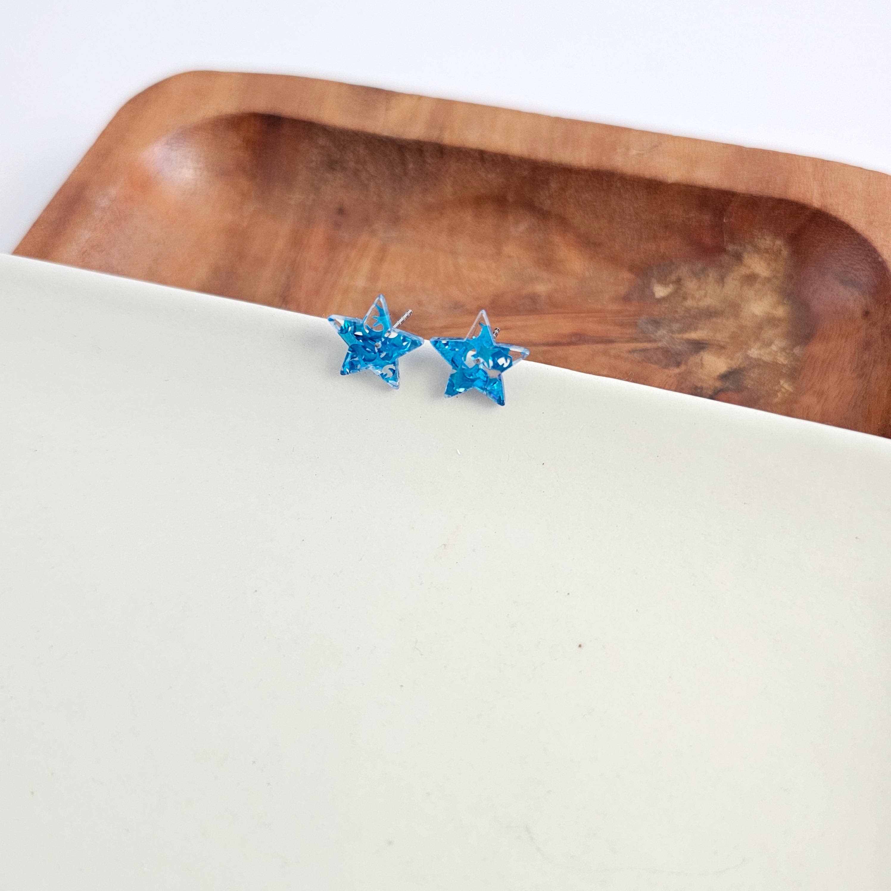 Blue Glitter Star Studs