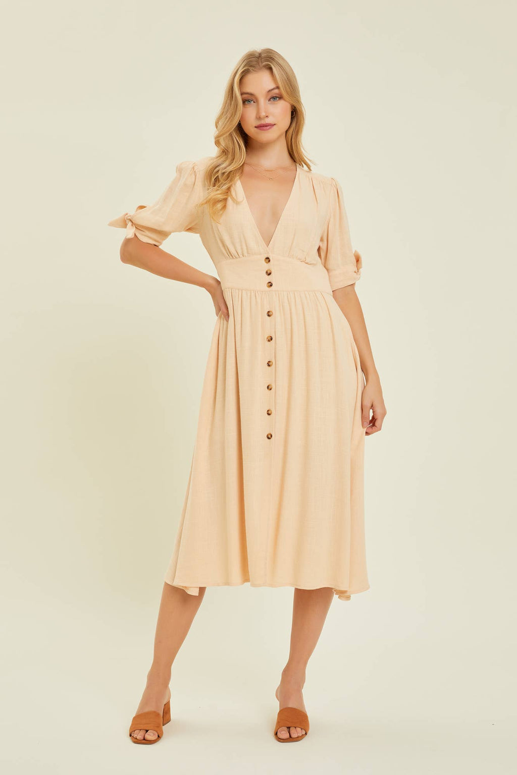 Textured Linen Button Down Midi Dress
