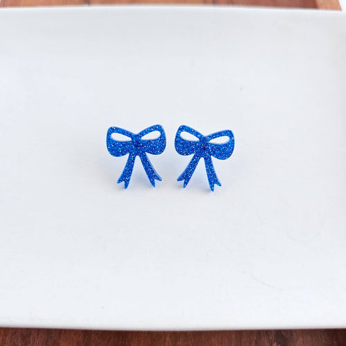 Blue Glitter Bow Studs