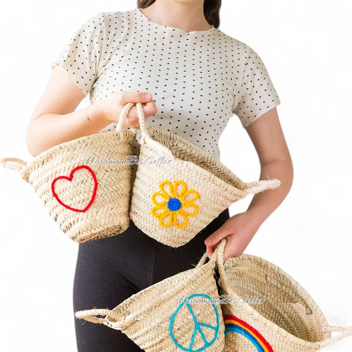 Handmade Moroccan Straw Baskets with Embroidered Designs