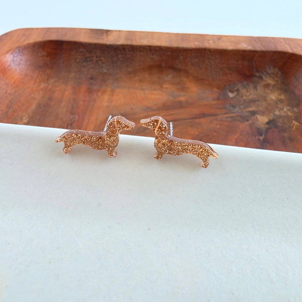 Dainty Dachshund Studs - Brown Glitter // Dog, Earrings
