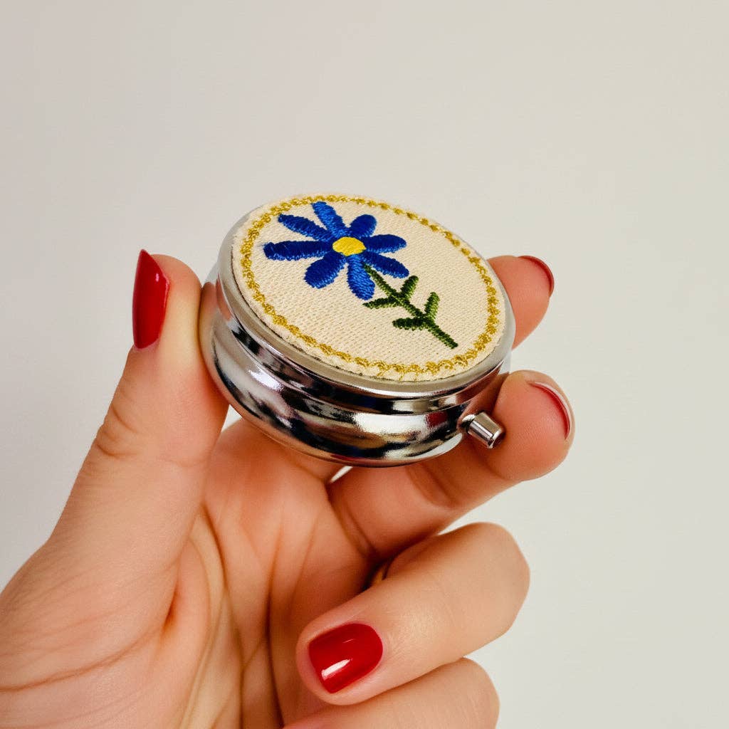 Purse Pill Box, Embroidered Blue Flower
