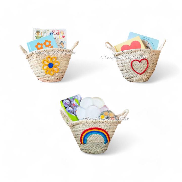 Handmade Moroccan Straw Baskets with Embroidered Designs