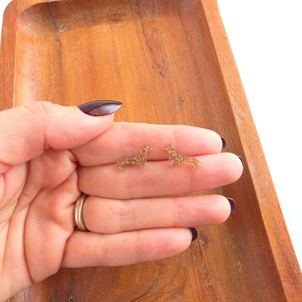 Dainty Dachshund Studs - Brown Glitter // Dog, Earrings