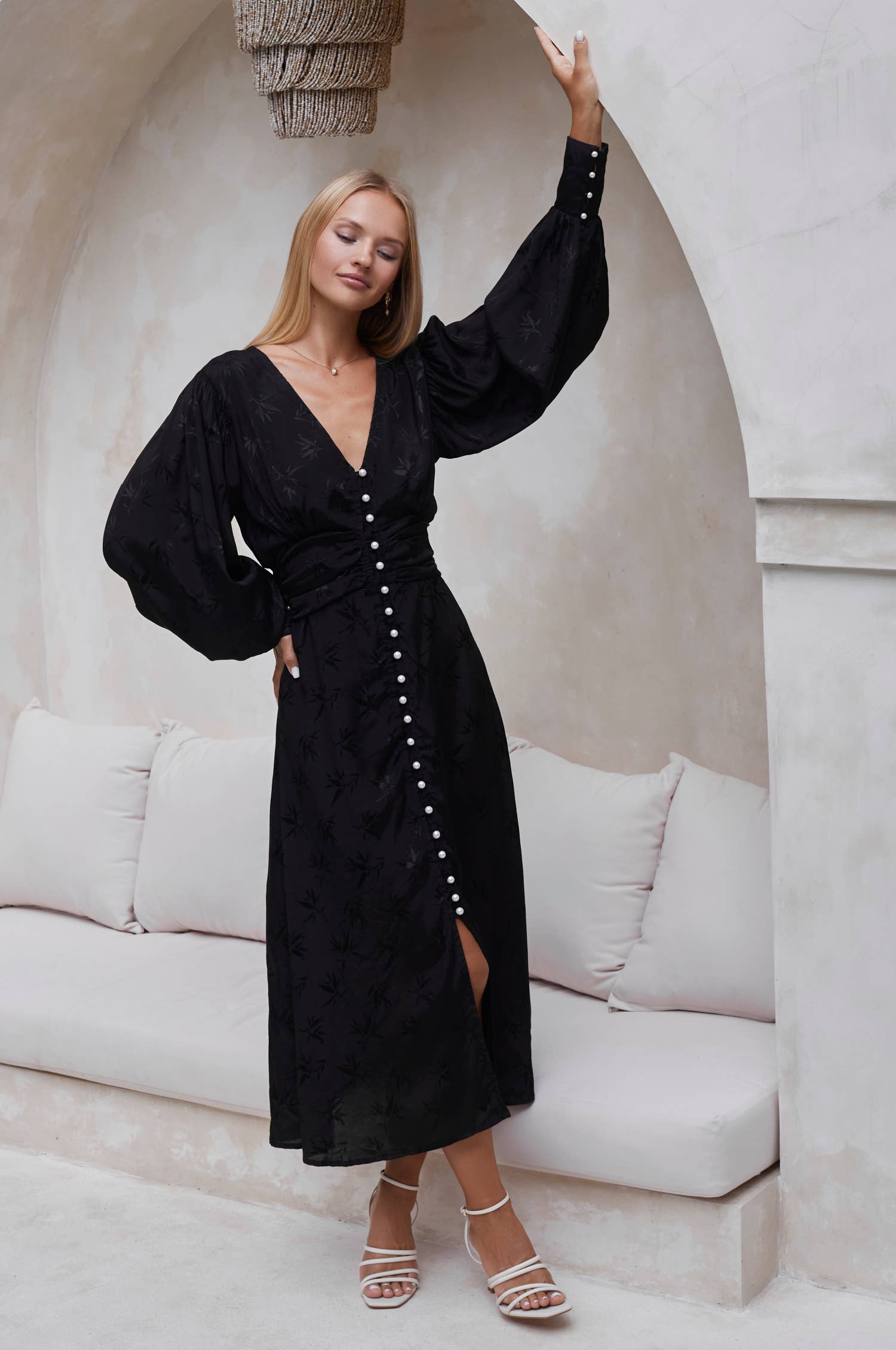 Juliette Button Down Long Sleeve Midi Dress -  Pearl Black