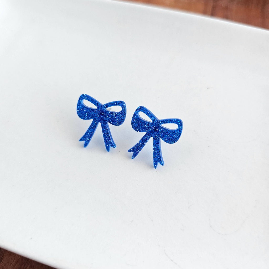 Blue Glitter Bow Studs