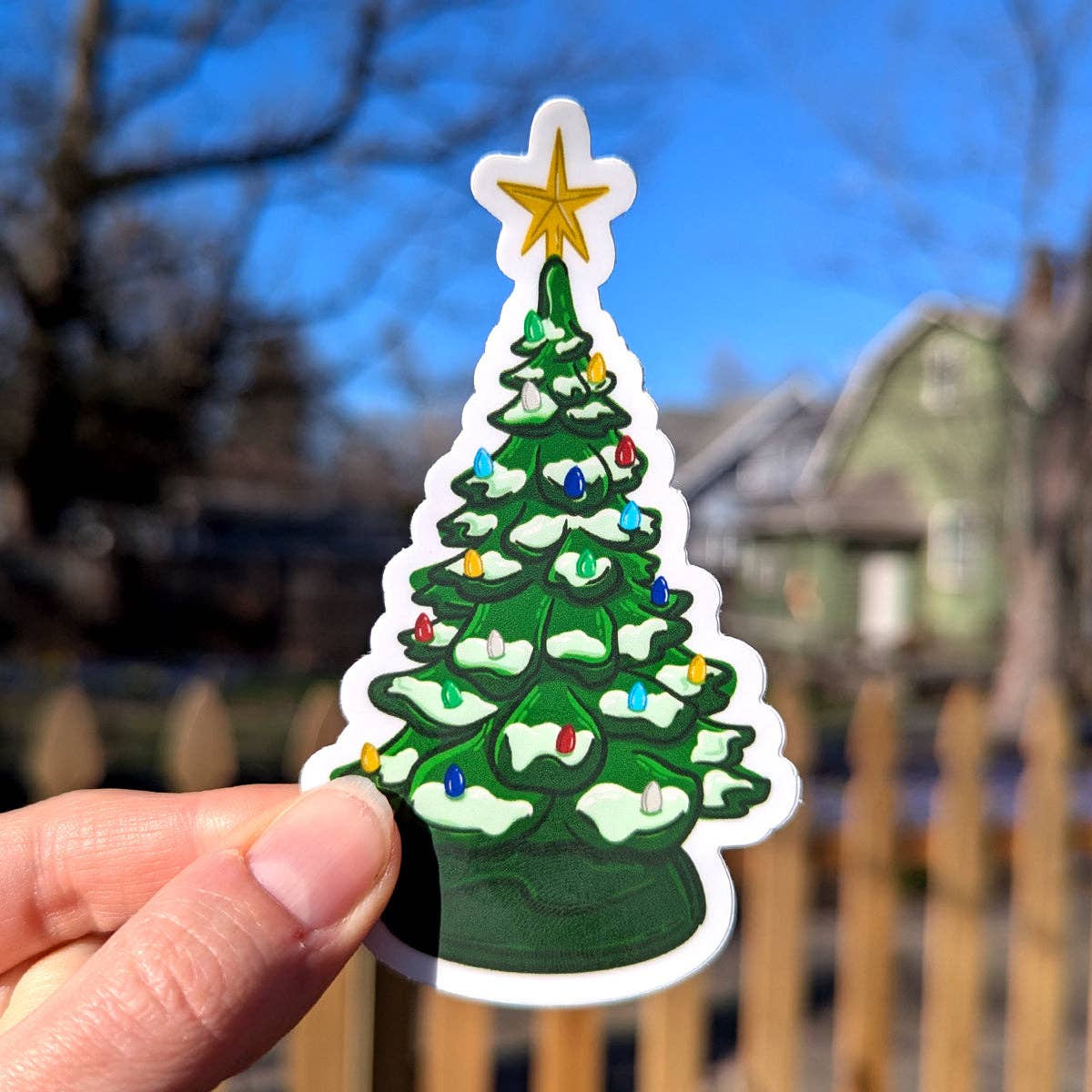 Vintage Ceramic Christmas Tree Sticker with Snow
