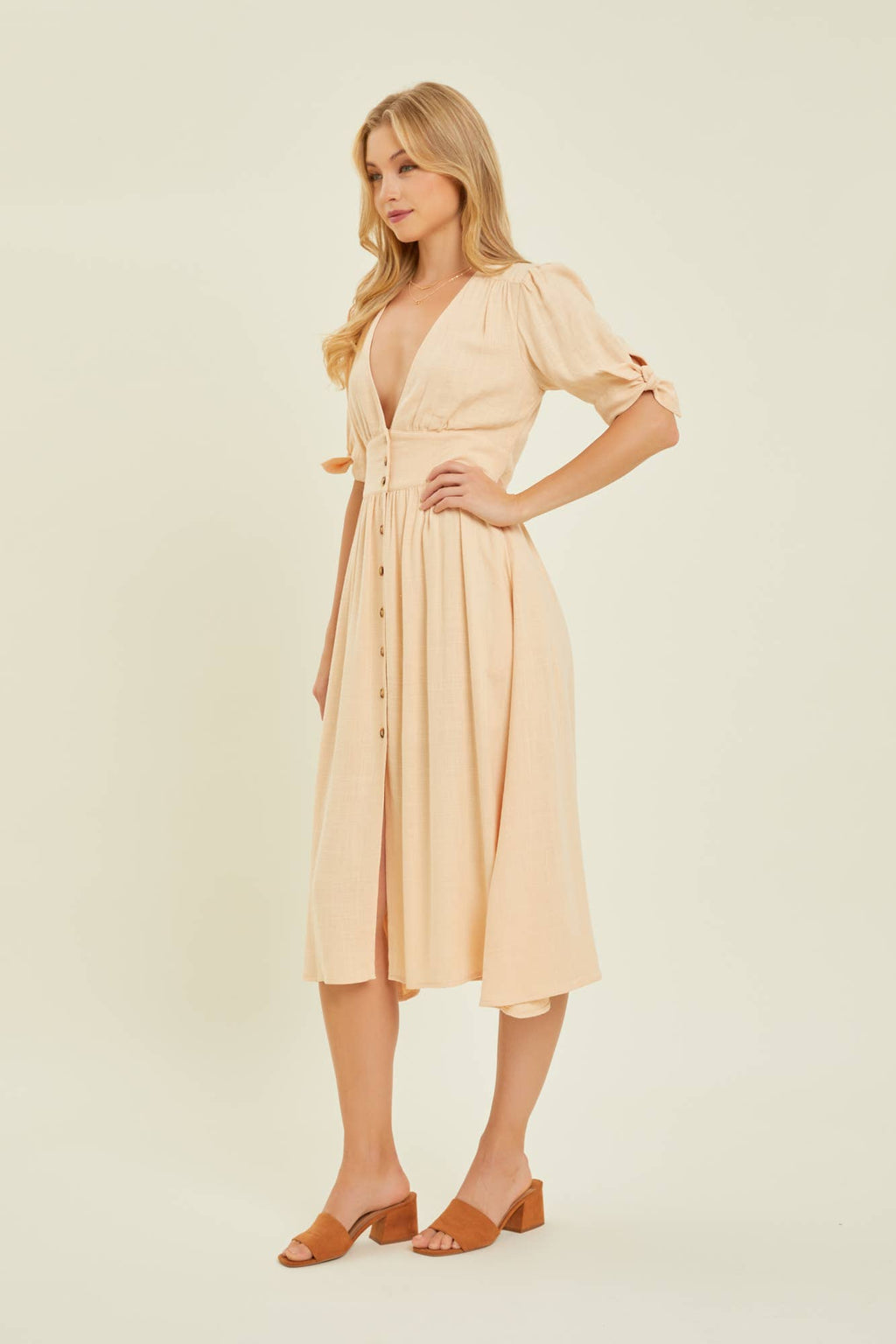 Textured Linen Button Down Midi Dress