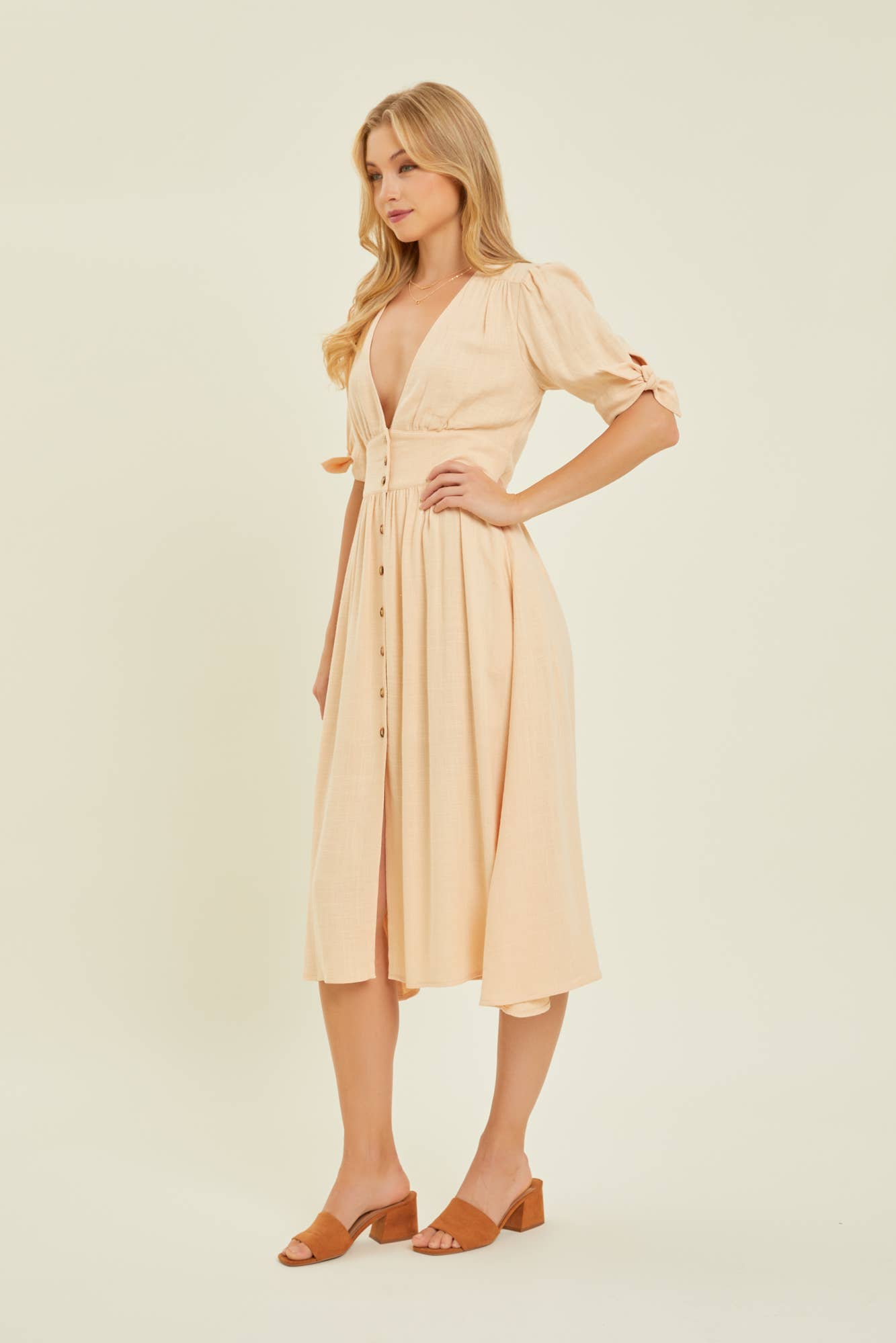Textured Linen Button Down Midi Dress