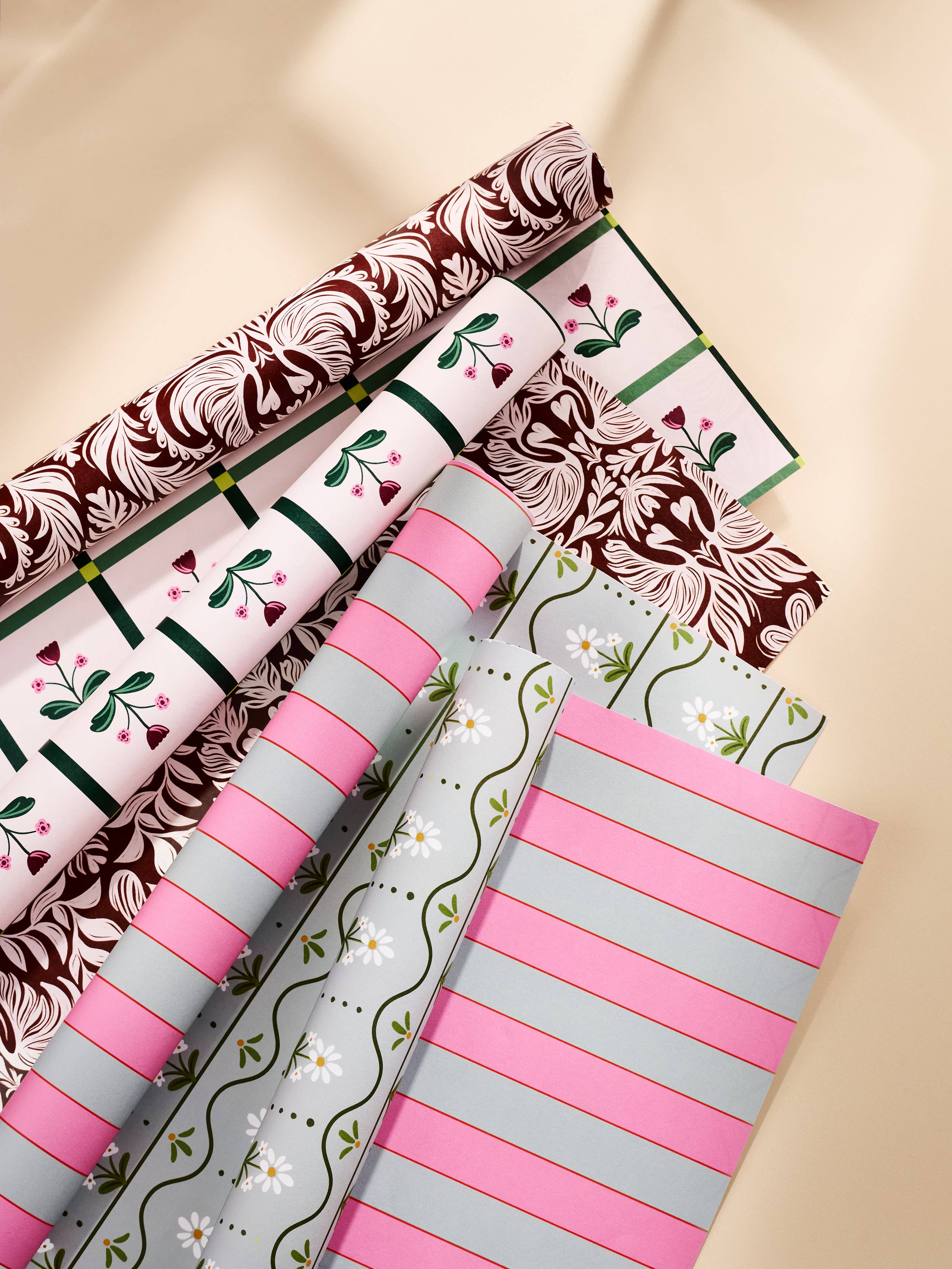 Daisy Stripe and Pink & Dusty Blue Stripe Double Sided Gift Wrap