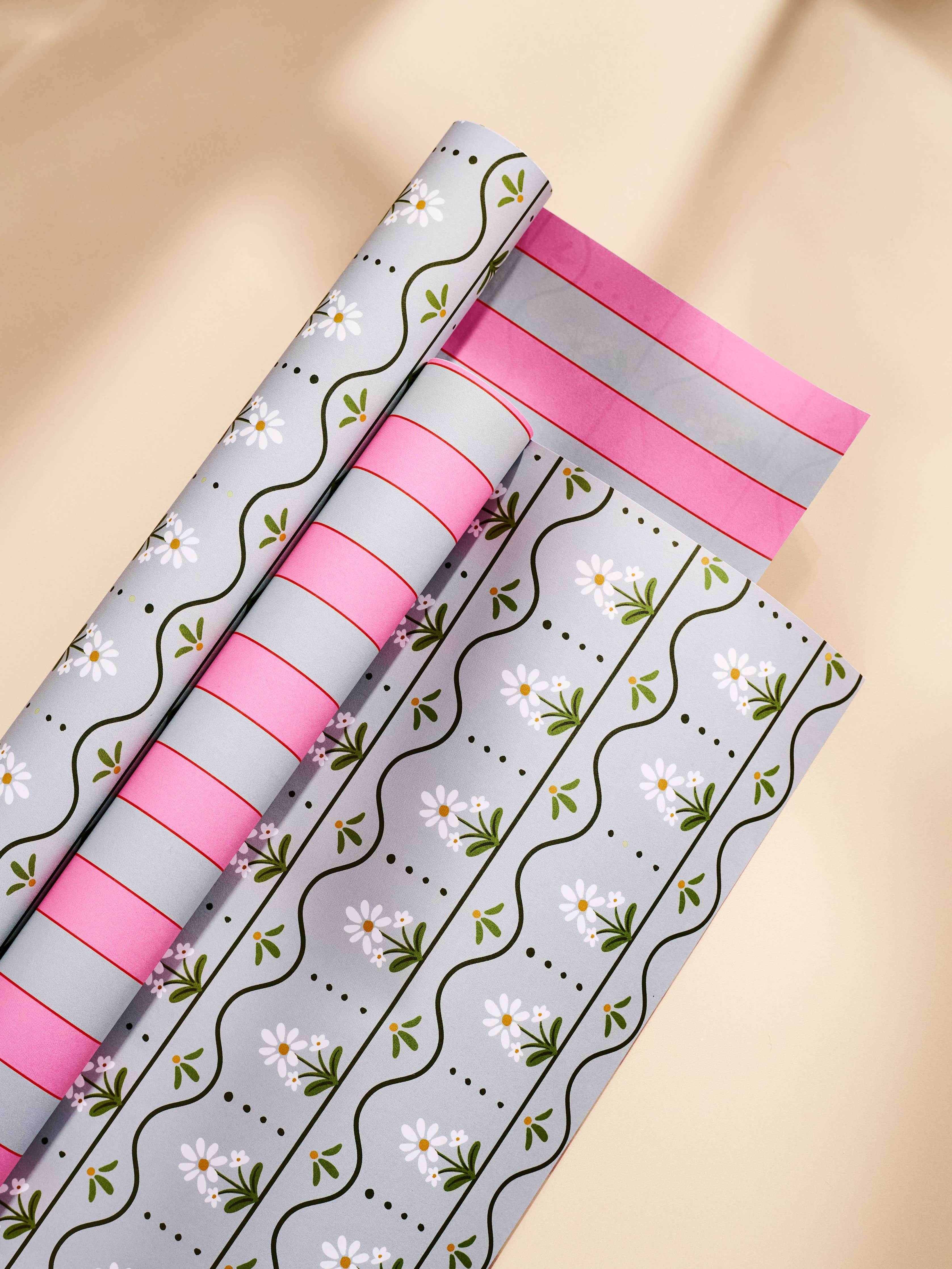 Daisy Stripe and Pink & Dusty Blue Stripe Double Sided Gift Wrap