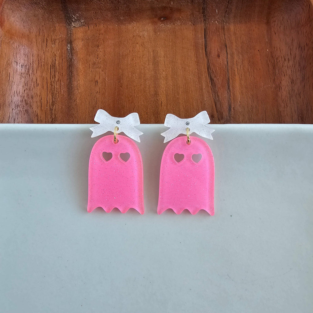Pink Glitter Bow Ghost Earrings