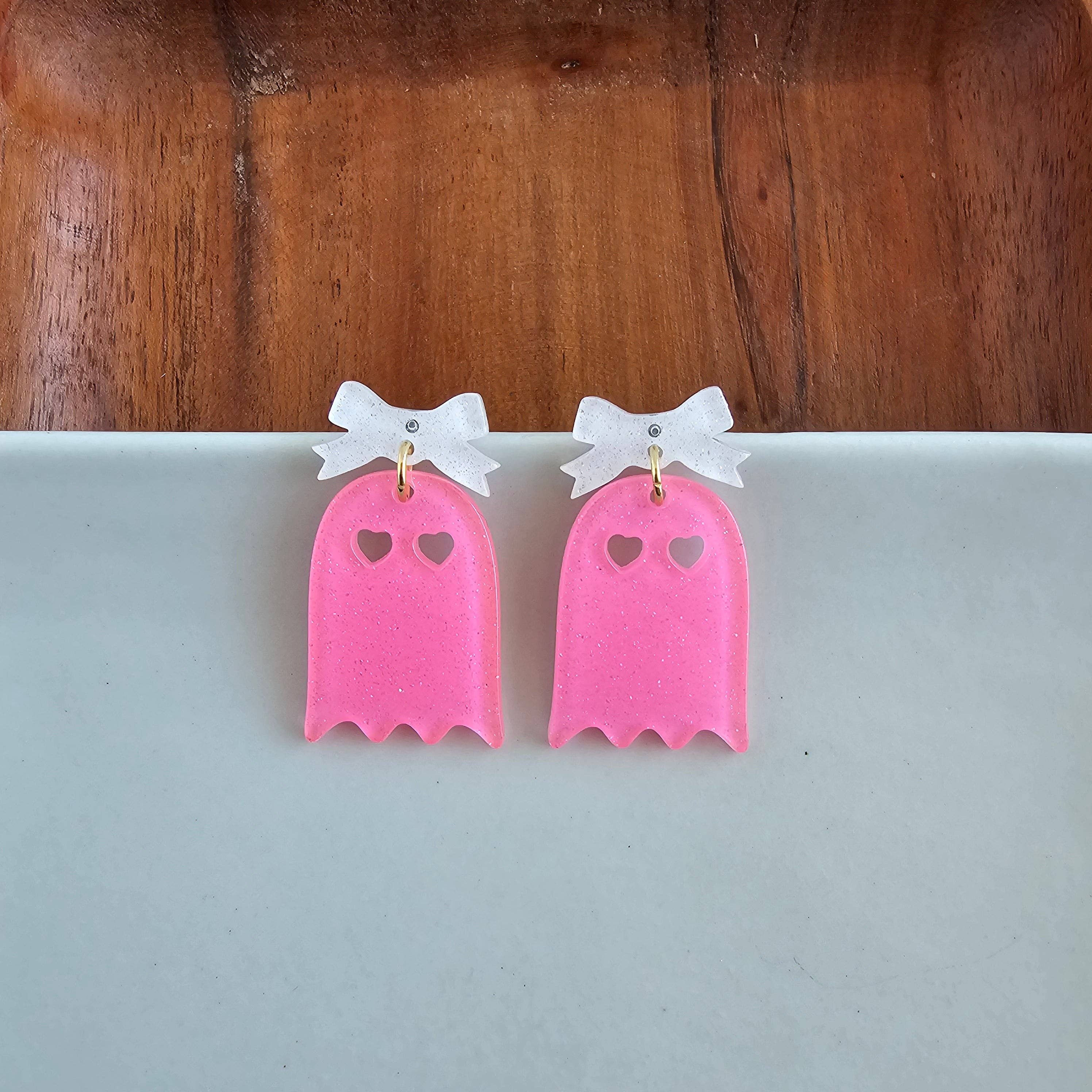 Pink Glitter Bow Ghost Earrings