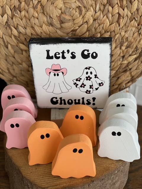 Hand Water Colored 5x5 Wood Sign - "Let's Go Ghouls"