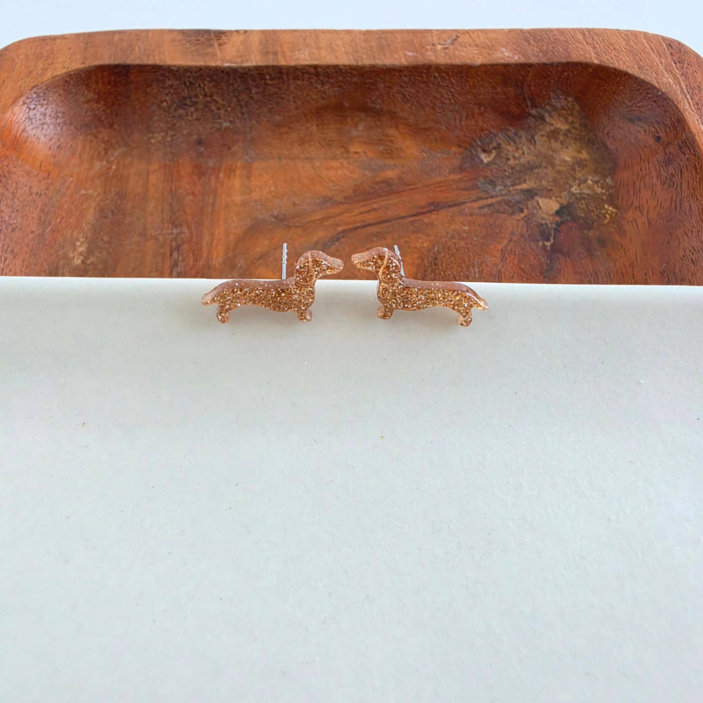 Dainty Dachshund Studs - Brown Glitter // Dog, Earrings