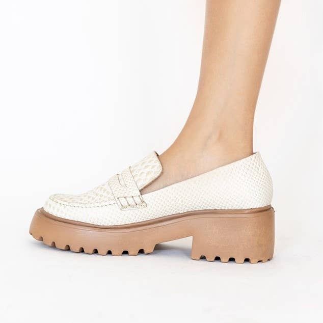 Cher platform loafer in ivory & gold finish embossed leather