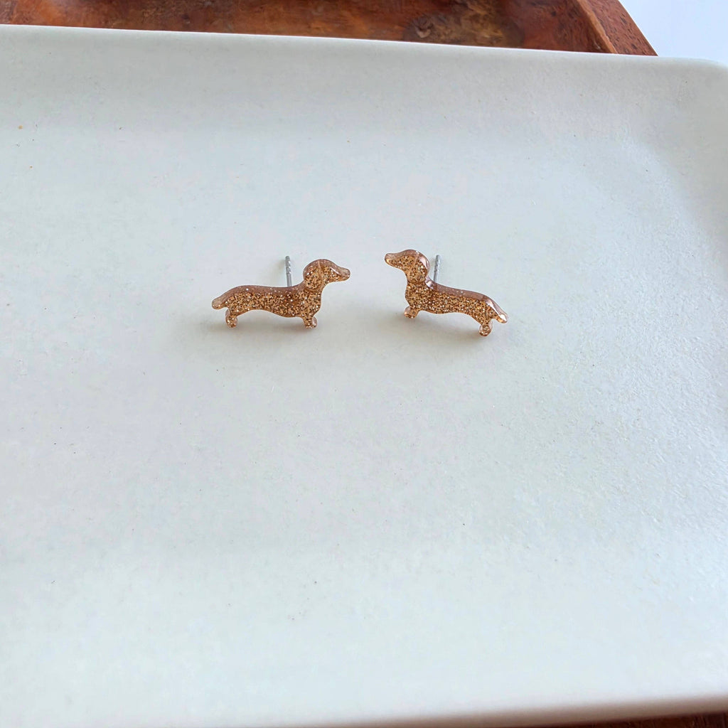 Dainty Dachshund Studs - Brown Glitter // Dog, Earrings