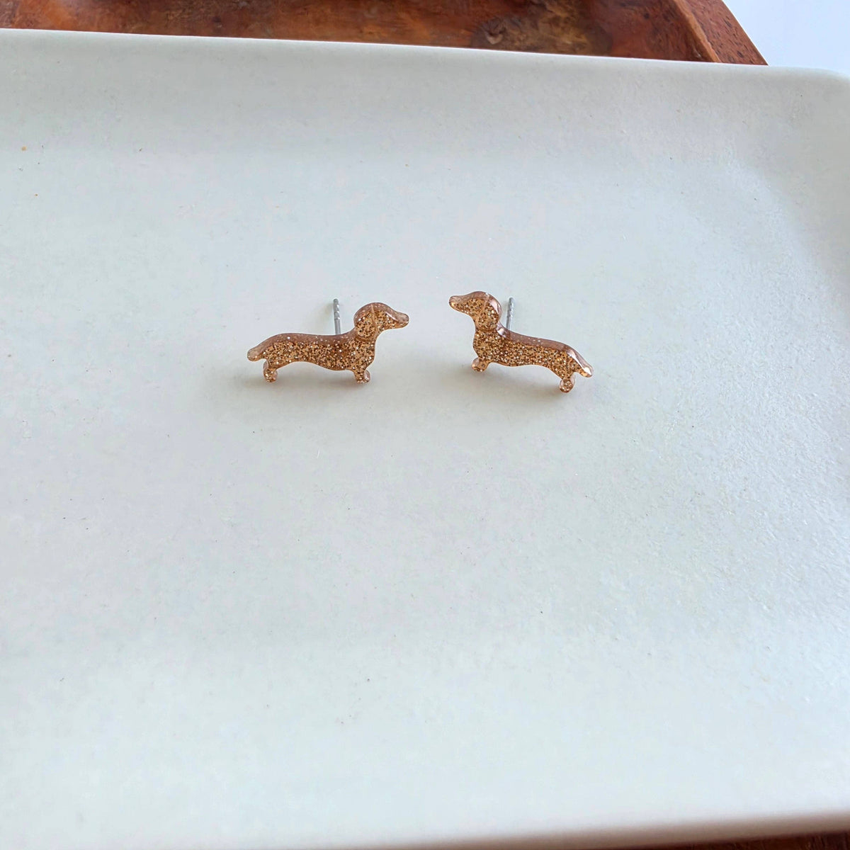 Dainty Dachshund Studs - Brown Glitter // Dog, Earrings