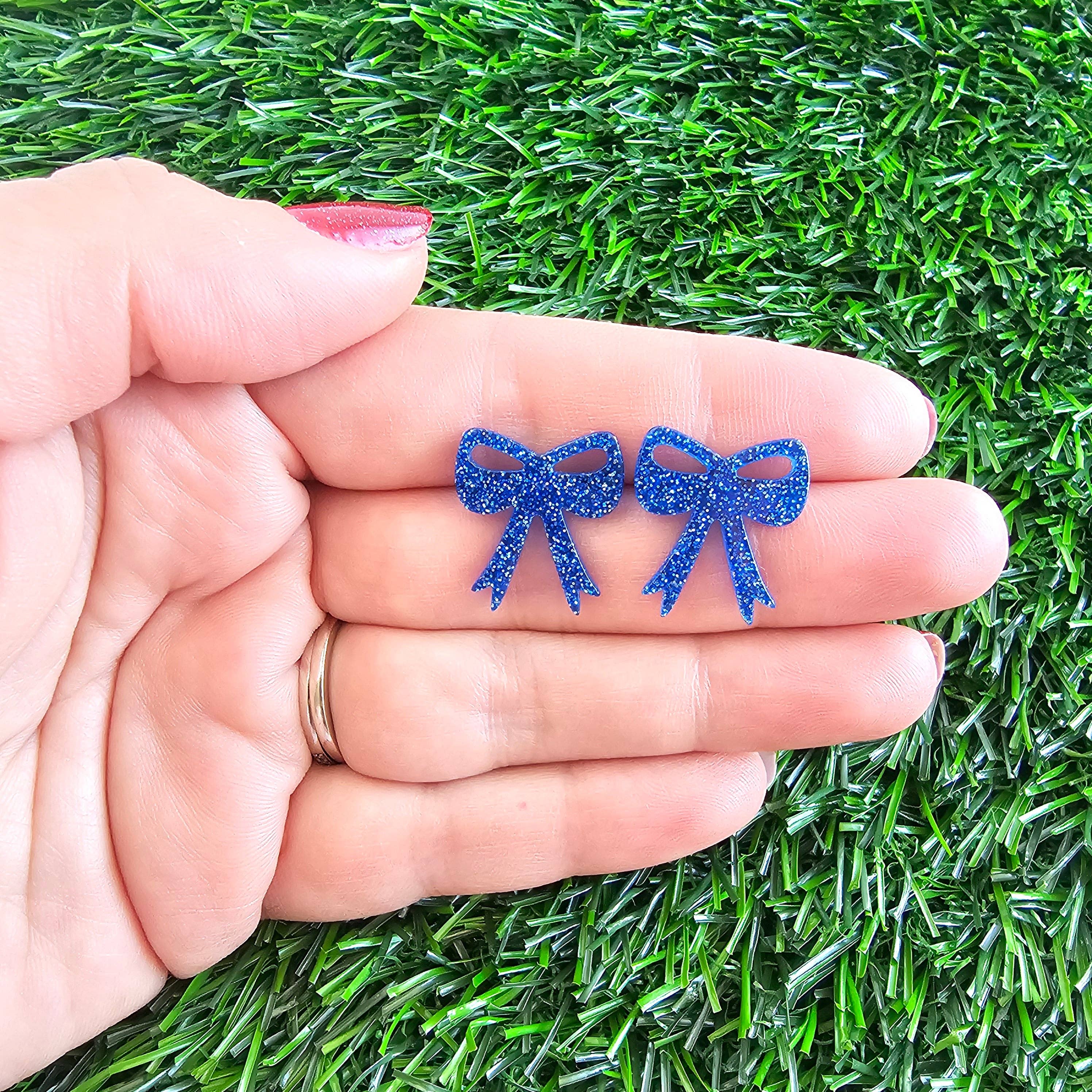 Blue Glitter Bow Studs