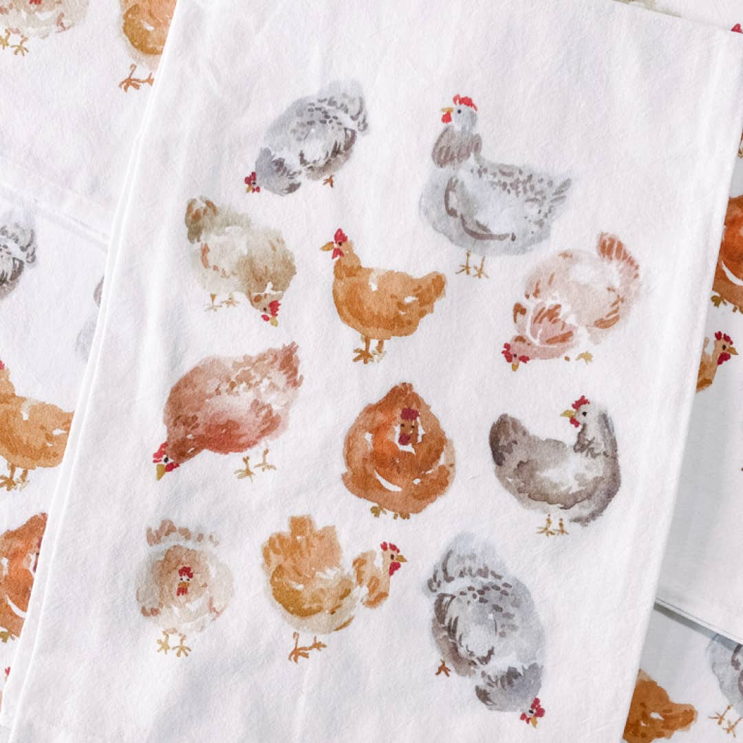 Watercolor Chickens Tea Towel