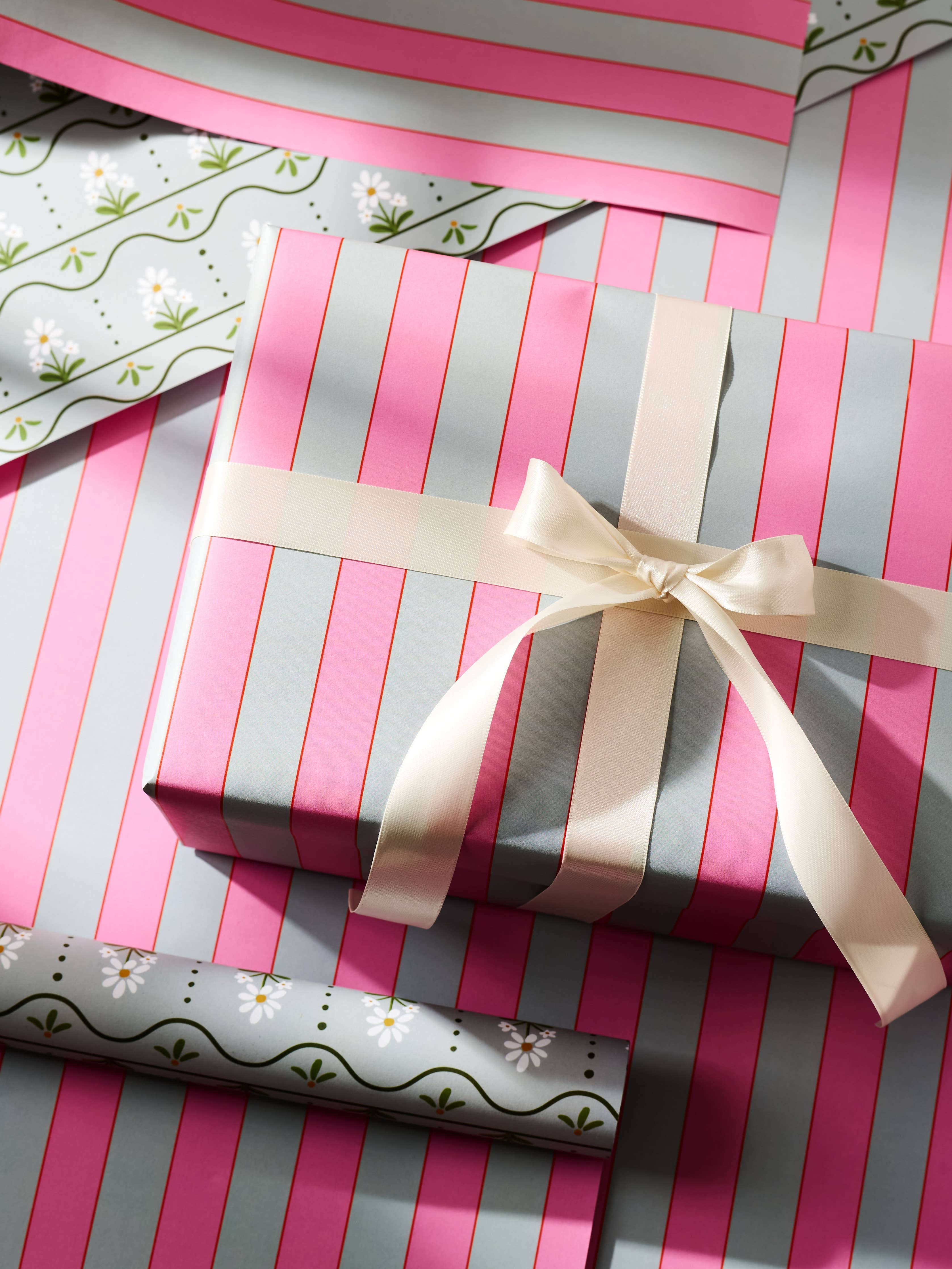 Daisy Stripe and Pink & Dusty Blue Stripe Double Sided Gift Wrap