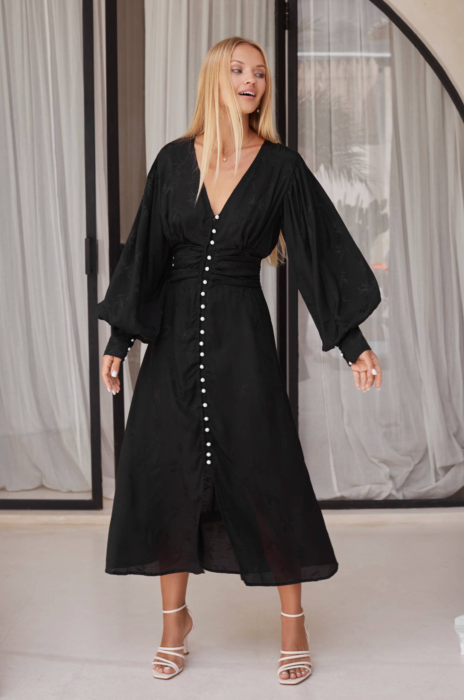 Juliette Button Down Long Sleeve Midi Dress -  Pearl Black