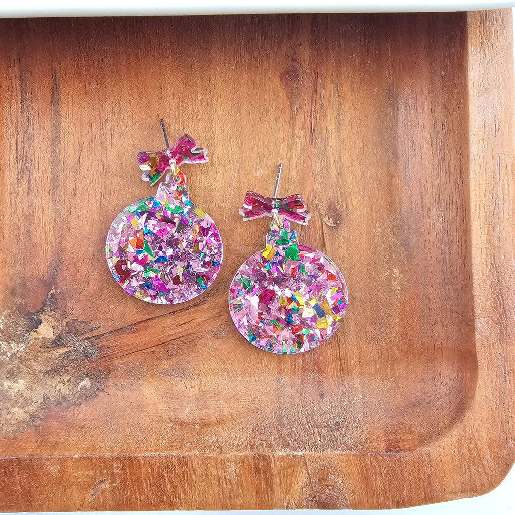 Light Pink Sparkle Christmas Ornament Earrings