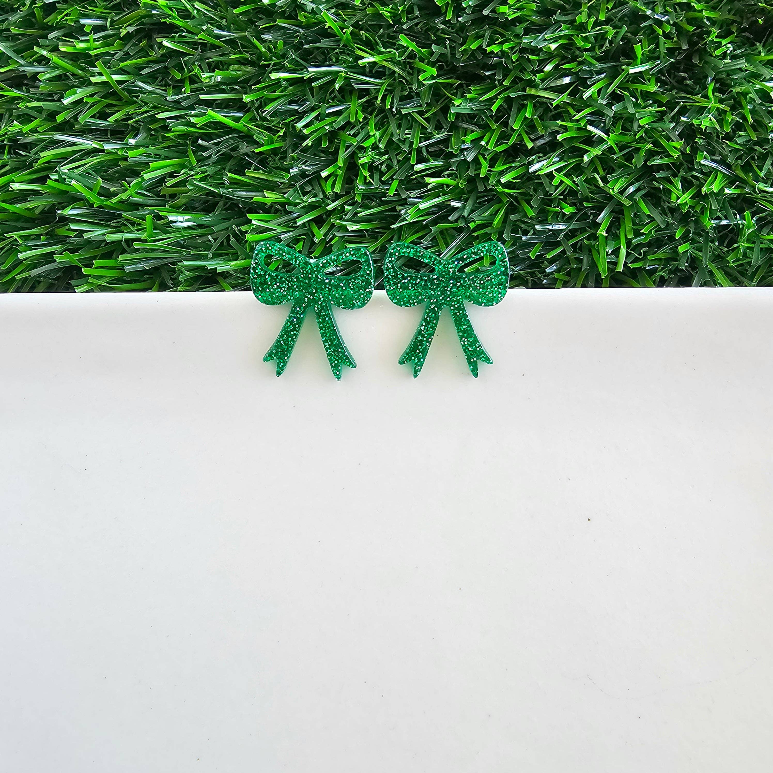 Bow Studs - Green Glitter