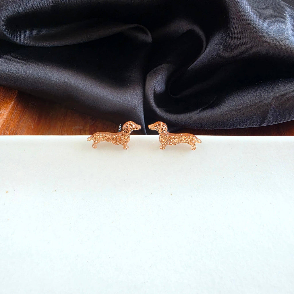 Dainty Dachshund Studs - Brown Glitter // Dog, Earrings