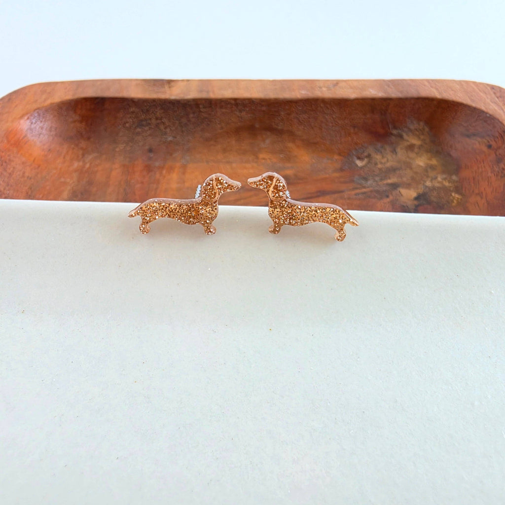 Dainty Dachshund Studs - Brown Glitter // Dog, Earrings