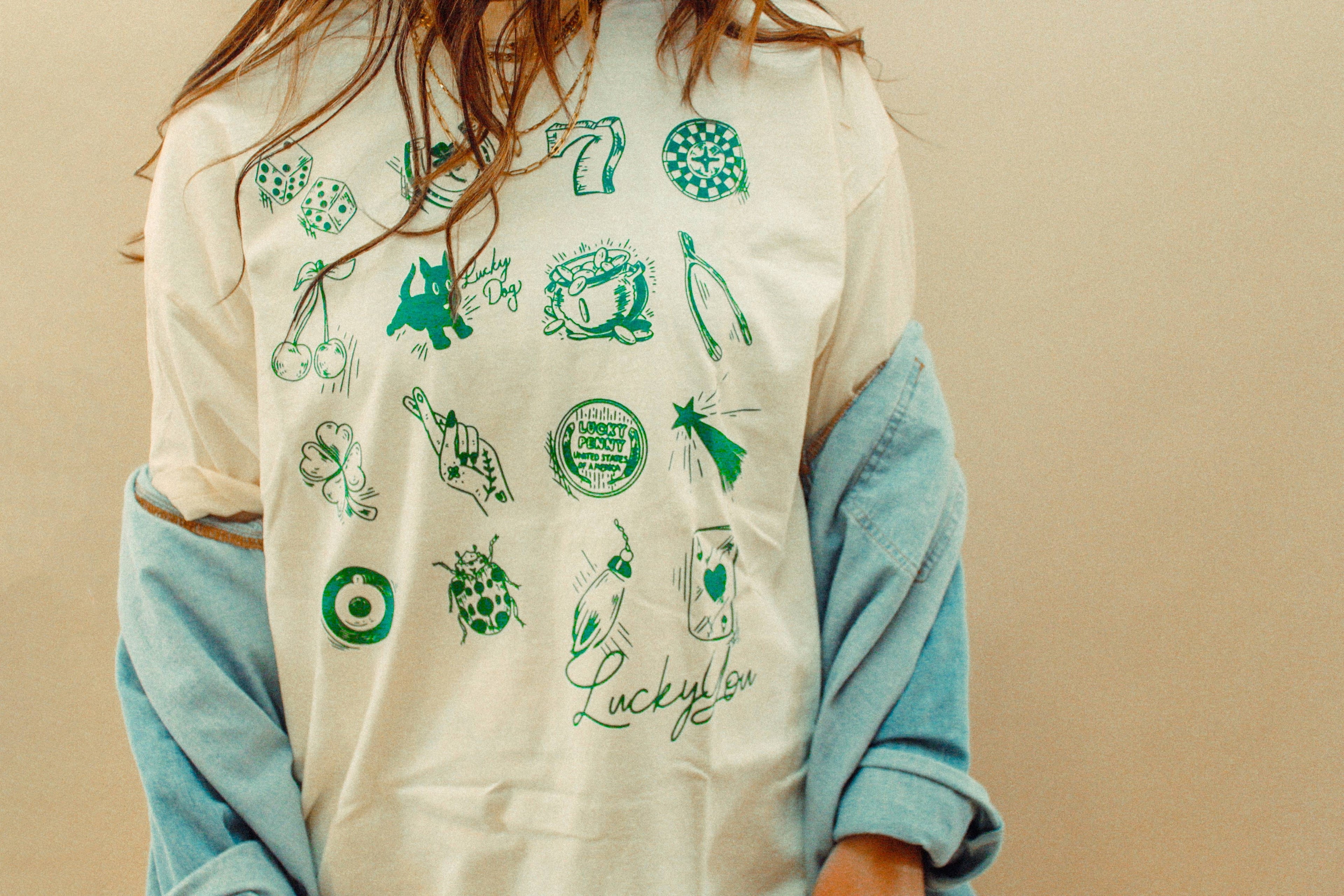 Lucky You, St Patricks Day Luck Icons Boxy Cotton TShirt