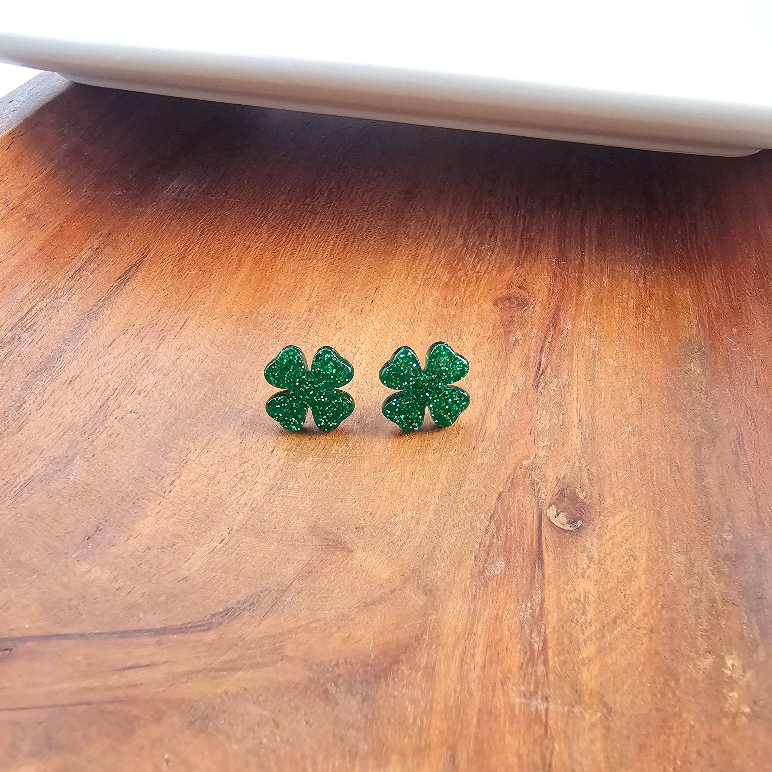 Clover Studs - Green Glitter // St Patrick's Day, Shamrock