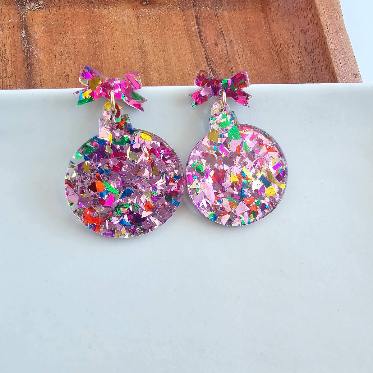 Light Pink Sparkle Christmas Ornament Earrings