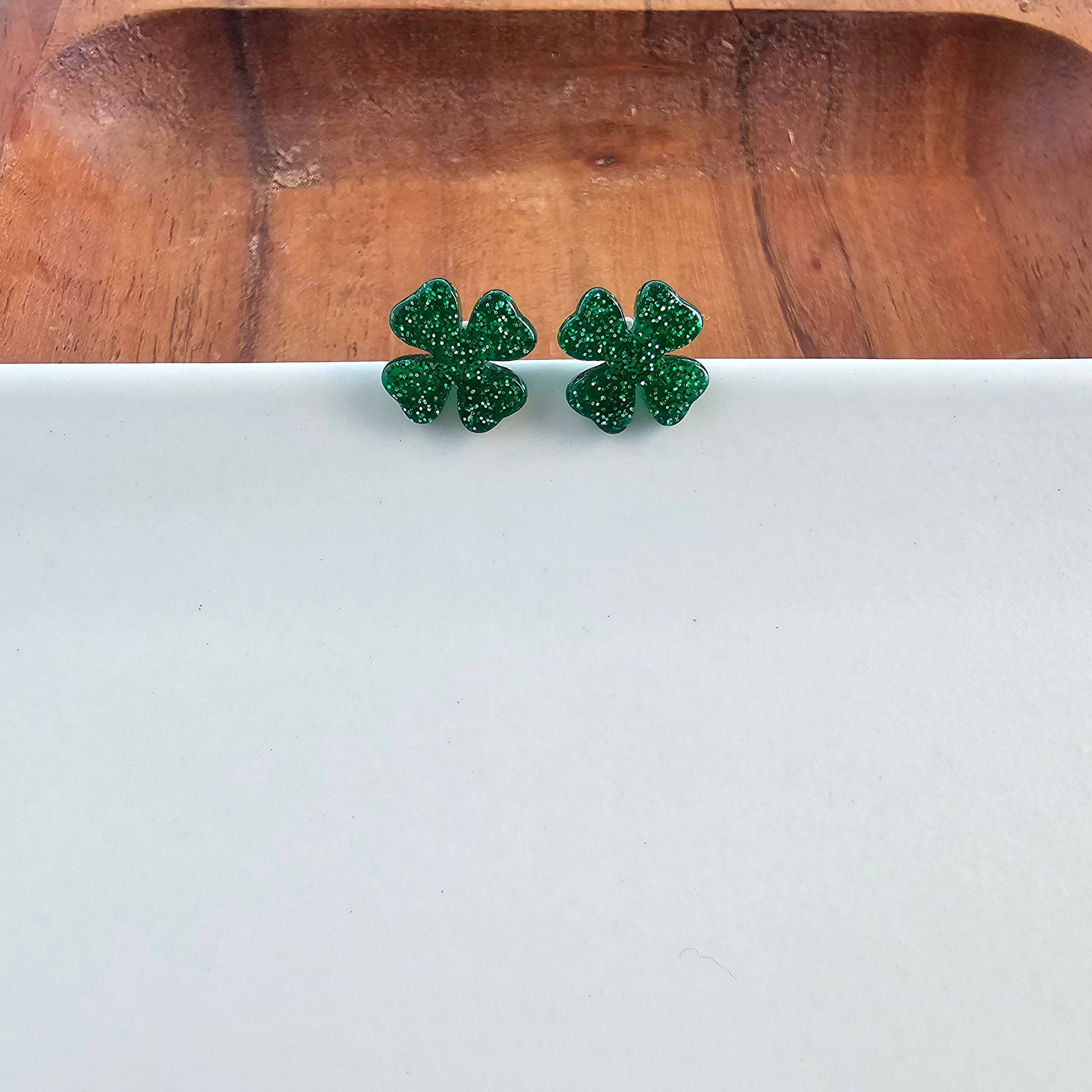 Clover Studs - Green Glitter // St Patrick's Day, Shamrock
