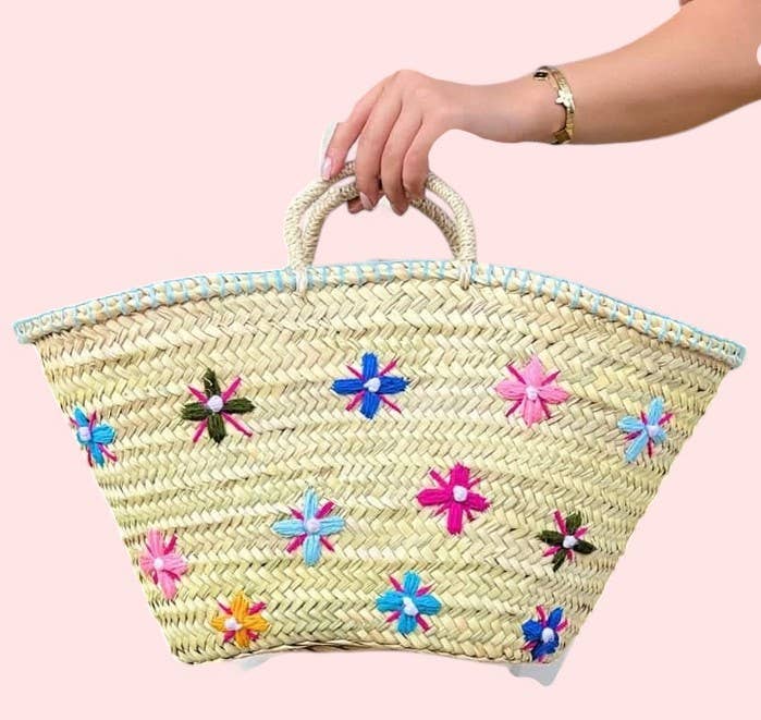 Handwoven Straw Basket with Floral Embroidery