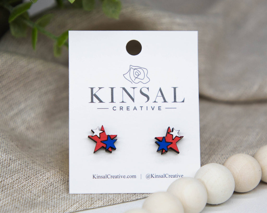 Patriotic Stars Wood Stud Earrings