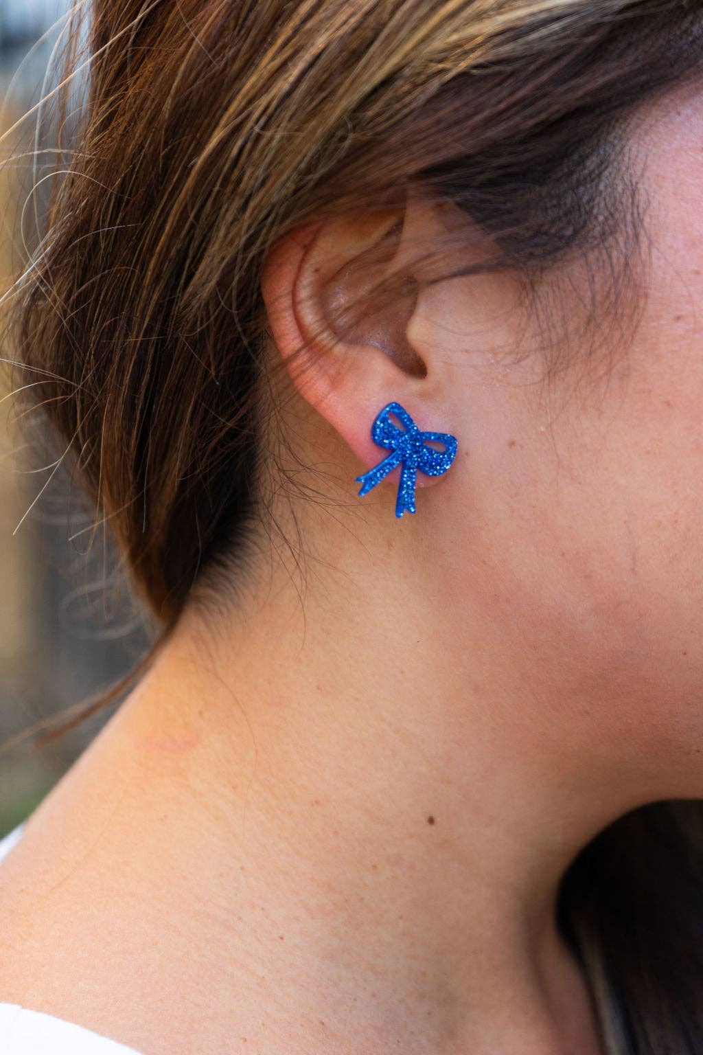 Blue Glitter Bow Studs